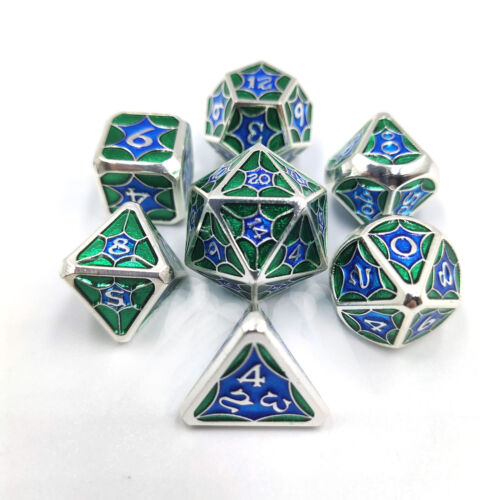 Silver Blue Green 7Pcs/set Metal Polyhedral Dice DND RPG MTG Role Playing Game 