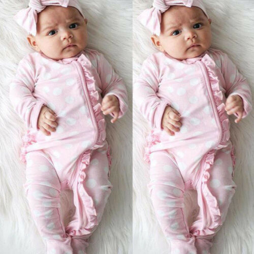 2PCS 0-18M Newborn Baby Girls Kids Cute Dot Romper Jumpsuit Headband Outfit Set