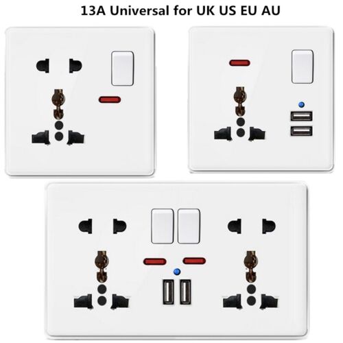 Double Wall Plug Socket 1//2Gang 13A 2 USB Ports Outlets With Switch Universal