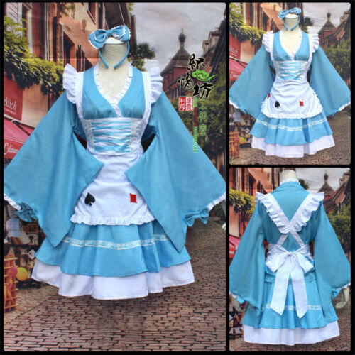 Alice In Wonderland Anime Lolita cute Kimono Blue Dress Apron Cosplay Costume