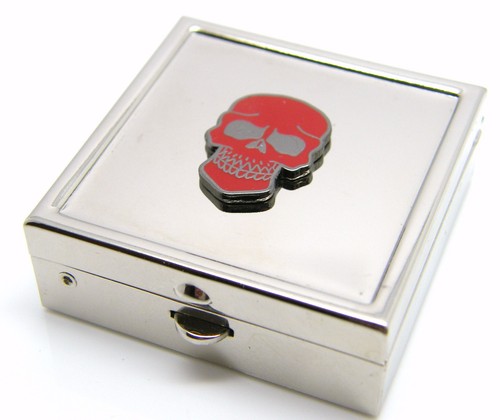 SKULL SKUL HEAD SKELETON DESIGN BADGE PILL BOX TABLET CHOICE SQUARE ROUND