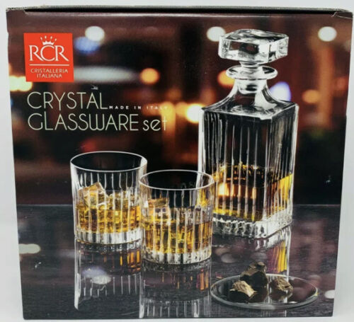 RCR Crystal Glassware Whiskey Tumbler 6x Glasses & 1x Square Decanter Set BNIB 