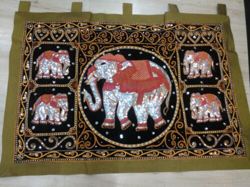 One Silver Embroidered Large Thai Elephant Four Small Hand Kalaga Tapestry 