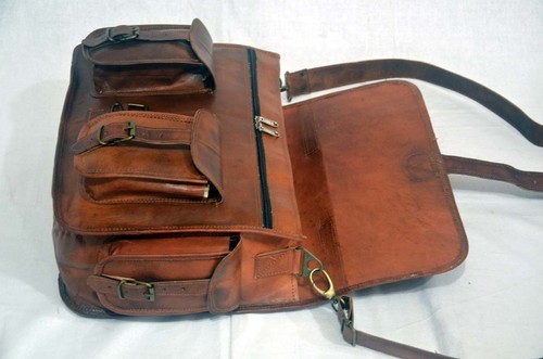New Men Real Goat Leather Vintage Brown Messenger Shoulder Laptop Bag Briefcase