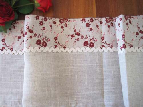 Pretty Wine Red Flower Ribbon lace Frill Beige Cotton Linen Kitchen Café Curtain 
