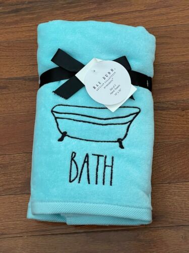 NWT Rae Dunn by Magenta Aqua Blue BATH Hand Towels Set of 2 16" x 30" 