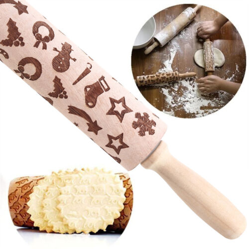 Gift Wooden Rolling Pin Embossing Baking Cookies Cake Dough Patterned Roller