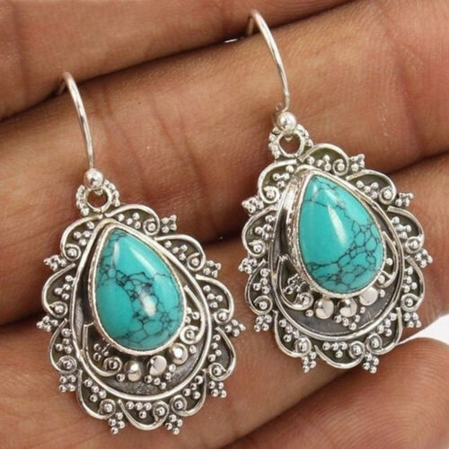 Vintage Boho 925 Silver Turquoise Gemstones Drop Dangle Hooks Earrings Jewelry