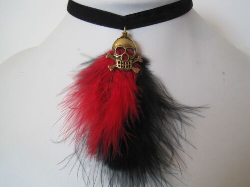 PIRATE GOLD SKULL & CROSSBONES Black Velvet Red Feather Choker Necklac Halloween 