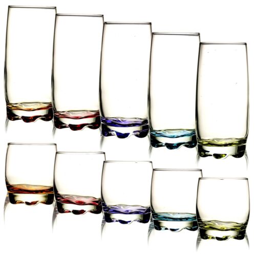 Set Of 3 6 Tall Coloured Flower Base Glass Drinking Tumbler Whiskey Cups Glasses