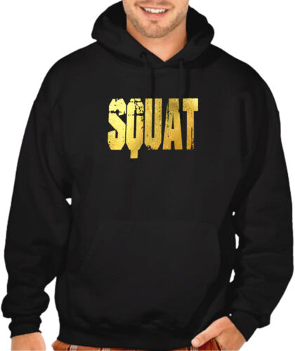 New Men/'s Gold Foil Squat Black Hoodie Workout Sweater Fitness Muscle Gym Beast