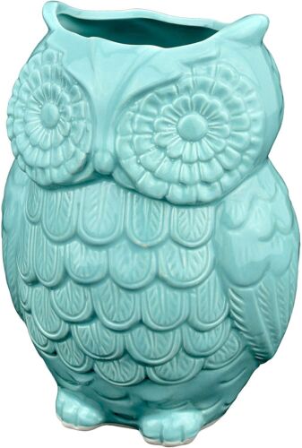 Aqua Blue Owl Design Ceramic Cooking Utensil Holder/ Kitchen Storage Crock 