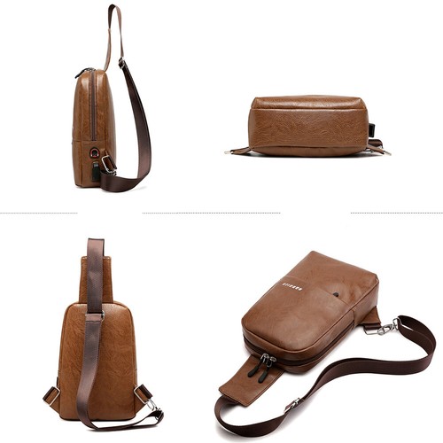 Men Casual Stylish USB Charging PU Crossbody Shoulder Bag for Outdoor Sports