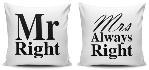 New Set of Mr Right /& Mrs Always Right White Cushion Covers 40cm x 40cm
