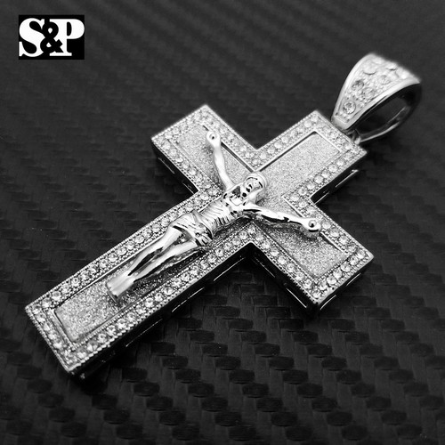 HIP HOP ICED OUT LAB DIAMOND WHITE GOLD PLATED BLING 3D JESUS BODY CROSS PENDANT