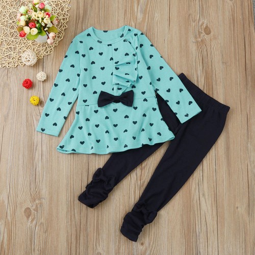 Pants Outfits Set Toddler Infant Baby Girls Heart Print Clothes Bow Top T-shirt