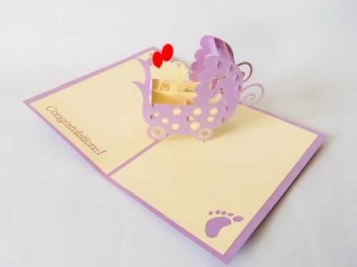 3D-Klappkarte Geburt Kinderwagen lila 2 Glückwunschkarte Pop up Karte 
