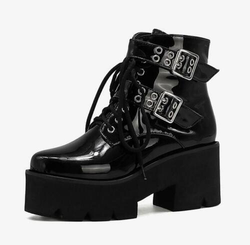 Womens Fashion Punk Lace Up Buckle Strap Ankle Boots Chunky Mid Heels Shoes Size