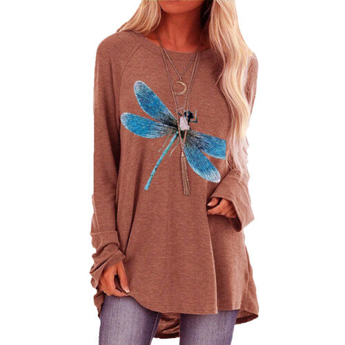 Womens Long Sleeve T-shirt Crew Neck Casual Loose Tops Plus Size Dragonfly Print