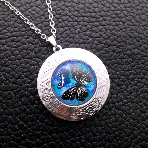 Beau papillon en verre Tibétain Argent Chaîne Photo Médaillon Collier Pendentif G35