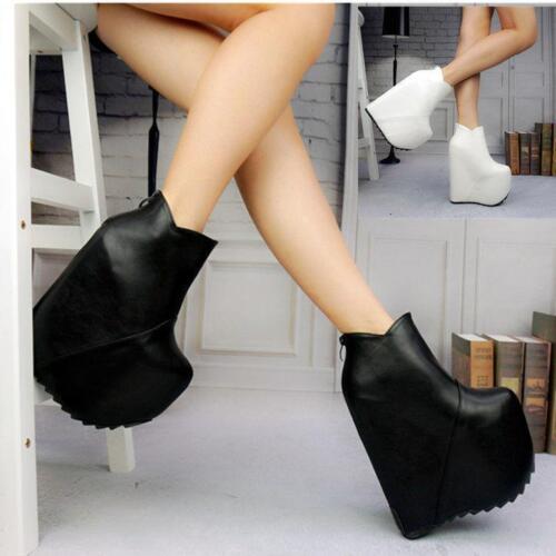 women super High Wedge Heel platform Zip Nightclub Shoes Ankle Boots black white 