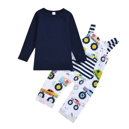 Toddler Kids Baby Girls Boys Cartoon Plaid Jumpsuit+Solid T-shirts Tops Outfits