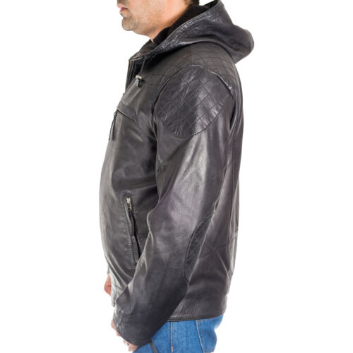 Mens Leather Urban Style Street Hoodie Jacket with Diamond Quilting. 