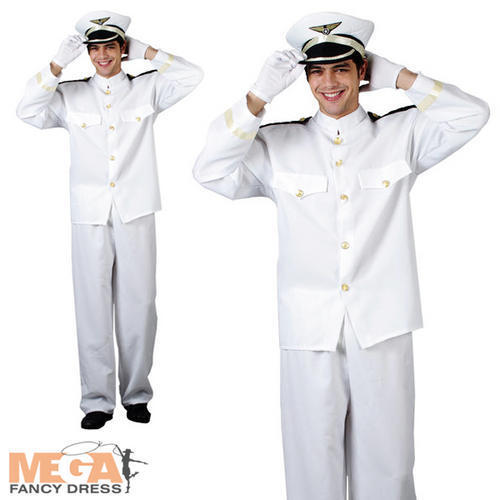 Hat Mens Fancy Dress Navy Sailor Costume Adults Outfit Naval Officer Uniform 
