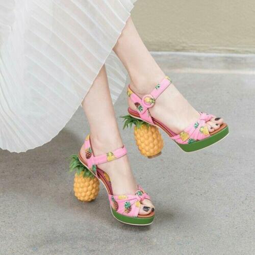 Pineapple Womens Shoes Printing Buckle Strap High Heel Peep Toe Pink Soft Chic 