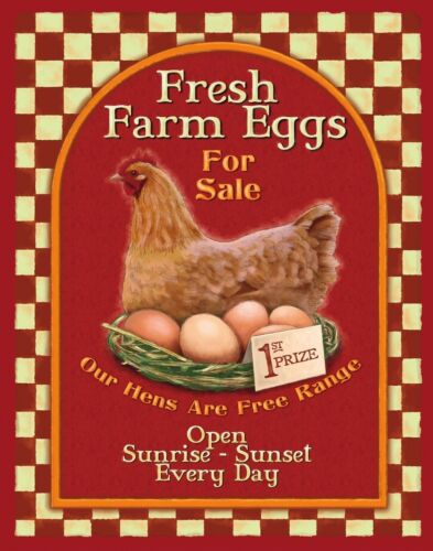 TIN SIGN "Farm Fresh Eggs Checkered" Dairy Art Deco Garage Wall Decor 