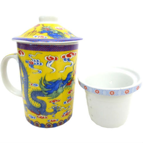 Mug Théière en Porcelaine Dragon bleu sur font jaune 