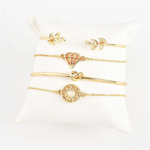Fashion Women 4Pcs Leaf Knot Simple Adjustable Open Bangle Gold Bracelet Jewelry