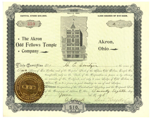 1890s Akron Odd Fellows Temple Company Ohio Stock Certificate