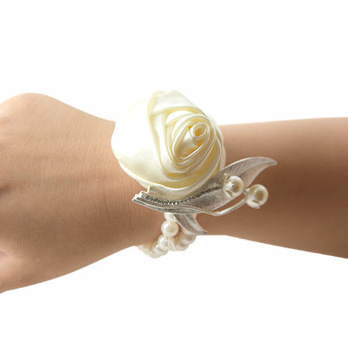 Cream Flower Wrist Corsage Pearl Bead Bracelet Wedding Prom Party Bridesmaids UK