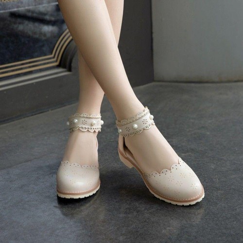 Sweet Womens Lolita Lace Floral Belt Low Heels Pearls Mary Janes Round Toe Shoes