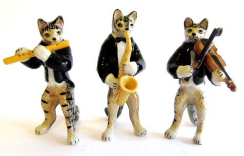 Musical 3 Piece Band Miniature Ceramic Tabby Cat Figurine