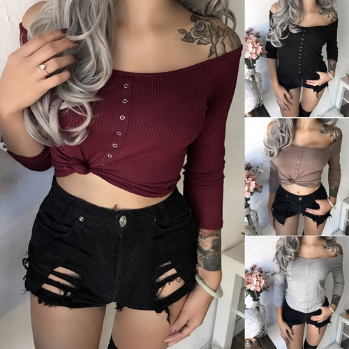 Women/'s Bardot Knitted Crop Top Off Shoulder Slim Fitted Knitwear Belly Sweaters