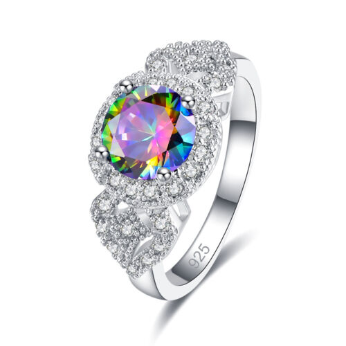 Exquisite Round Cut Rainbow & White Topaz & Saapphire Gemstone Silver Ring Gifts 