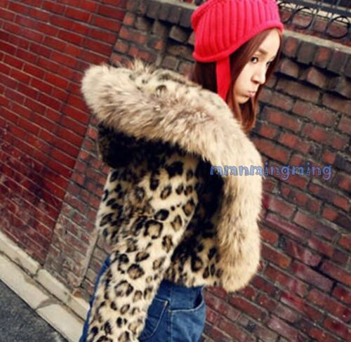 Fashion Women Leopard Warm Fur Hooded Short Jacket Punk Coat Loose Plus size 
