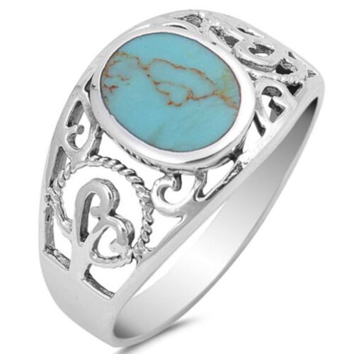 Details about   Women 12mm 925 Sterling Silver Oval Turquoise Filigree Vintage Style Ring Band 