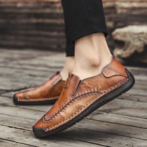 Mens Solid Slip On Loafers Round Toe Flat Casual Outdoor Driving Leather Shoes