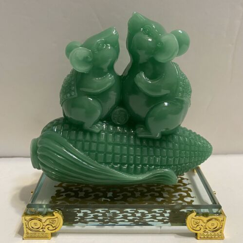 Feng Shui  green jade  wealth coin corn mouse Rat animal statue China Zodiac