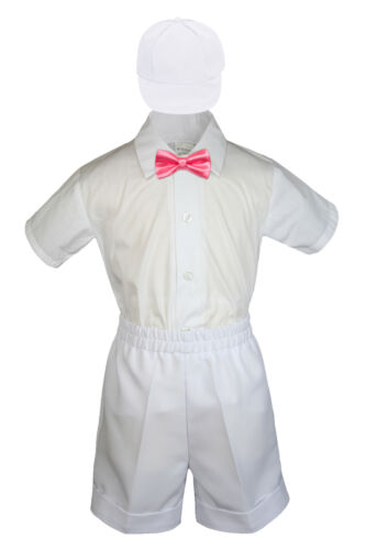 4pc Boy Toddler Formal Coral Pink Bow Tie Hat Shorts  Navy Gray Dark Khaki S-4T