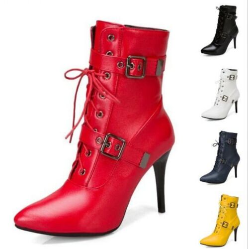 Ladies Buckle Strap 9cm High Heel Ankle Boots Pointy Toe Shoes Outdoor 44//50 D