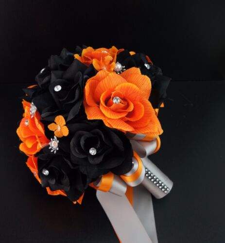 10/" Bouquet Orange and Black Roses with Silver Accents