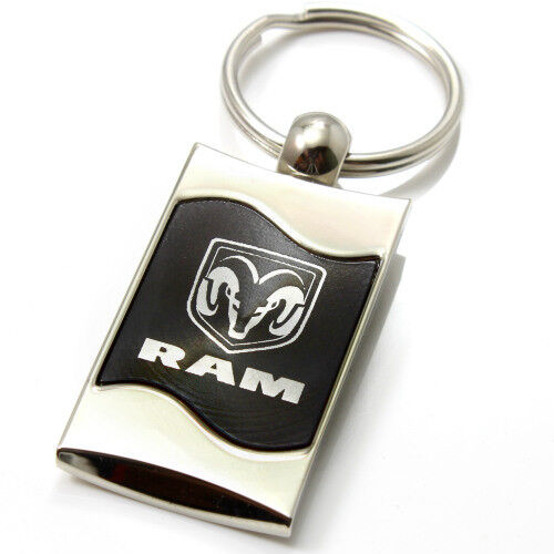 Premium Chrome Spun Wave Black Dodge Ram Word Genuine Logo Key Chain Fob Ring