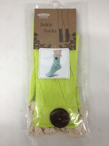 Ladies Ankle Socks Icon Collection Lime Green Crochet Lace w/Brown Button (NEW)