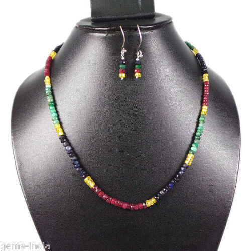 Multi Gem Natural Emerald Ruby Sapphire Necklace Magnificent Rainbow Beads