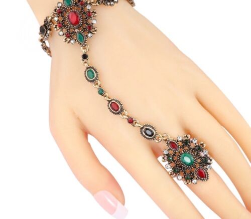 Indian Double Finger ring hand chain gold pakistani bengali diamante uk NEW