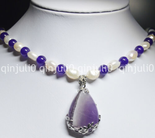 Natural Amethyst Teardrop Pendant Genuine /& Natural White Pearl Necklaces JN557